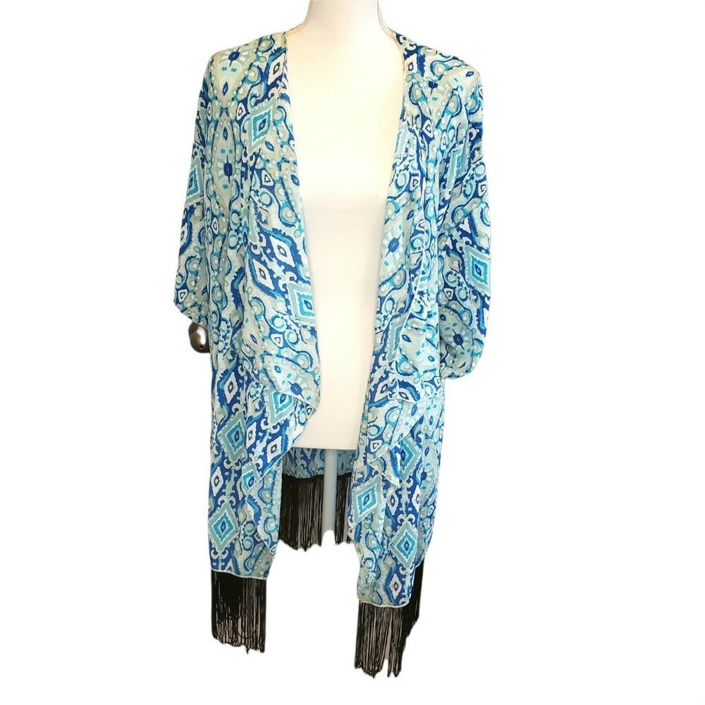 LuLaRoe Monroe Kimono Kaftan Duster Fringe Size L‎ Blue Sheer Longline